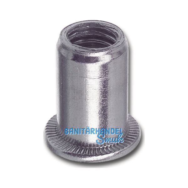 Blindnietmutter Flachkopf Unterkopfverzahnt Rundschaft offen M 8 Stahl verzinkt