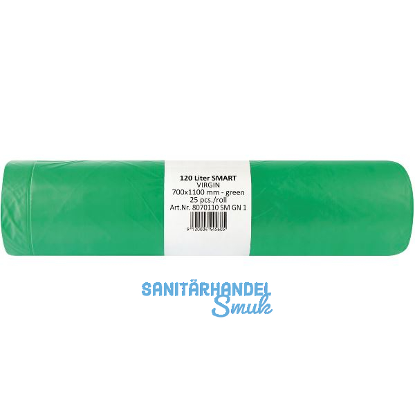 M�lls�cke Polyethylen 120 Liter, 25 my 700 x 1100 mm ohne Zugband gr�n