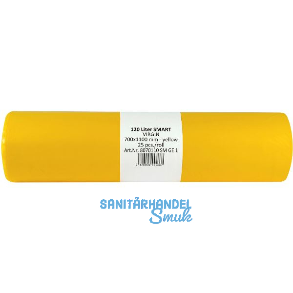 M�lls�cke Polyethylen 120 Liter, 25 my 700 x 1100 mm ohne Zugband gelb