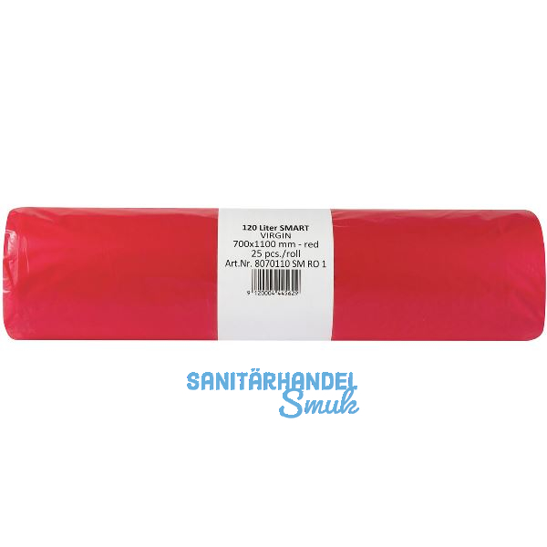 M�lls�cke Polyethylen 120 Liter, 25 my 700 x 1100 mm ohne Zugband rot