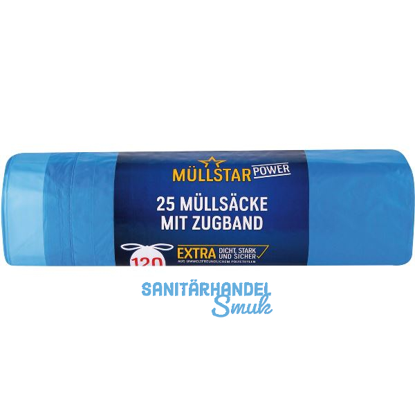 M�lls�cke Polyethylen 120 Liter, 30 my 700 x 1000 mm mit Zugband blau