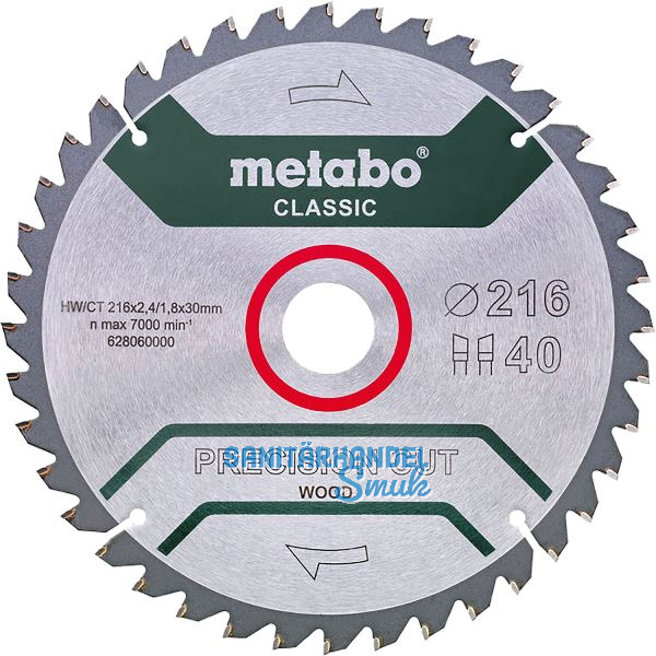 METABO HW-CT-Kreiss�geblatt - Precision "Classsic" 216x2,4x30 mm Z40 WZ neg.
