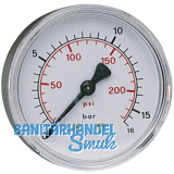 Druckluft Manometer 63 mm 0 - 16 bar mit Außengewinde hinten 1/4\