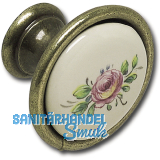 Knopf Rose  34 mm, Porzellan/ZN, elfenbein, bemalt/altvermessingt
