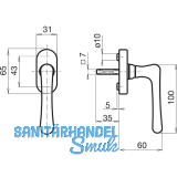 GRUNDMANN Fenstergriff WG ELEGANT - m. Rast., VK 7 x 35 mm, Messing poliert