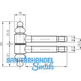 Einbohrband 2-tlg. mit Zierkopf,  16 mm, Bandh. 63 mm, Stahl vermessingt
