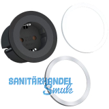 BACHMANN Steckdose PIX 1xSchuko schwarz + Zierring Edelstahl Effekt und wei�