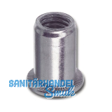 Blindnietmutter Flachkopf Unterkopfverzahnt Rundschaft offen M 6 Stahl verzinkt